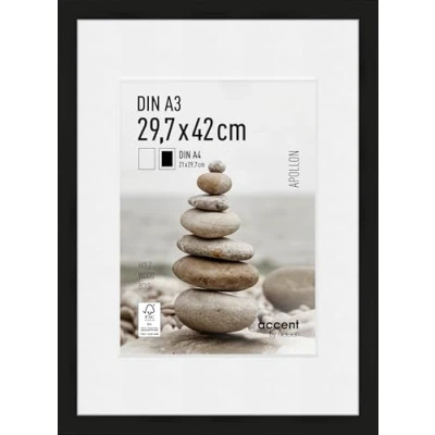 Image of accent by nielsen Apollon Photo Frame Black A3 Wooden 29.7x42cm Picture with White Mount to fit A4, Protective Float Glass and Push Turn Clips