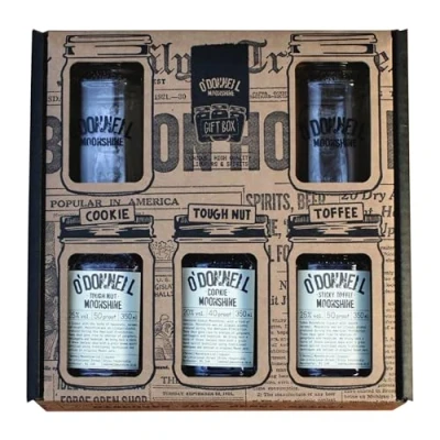 Image of O&#039;Donnell Moonshine Bundle 3 x 350ml Mason Jars Tough Nut, Sticky Toffee &amp; Cookie Liqueurs Smooth Decadent Flavours with Hazelnut, Dough Notes 25% 20% ABV