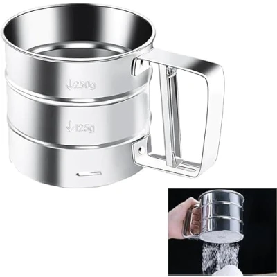 Image of Stainless Steel Flour Sifter Shaker, Semi Automatic Hand Held Sieve Powder Screened Sugar Icing Mesh Kitchen Baking Tools Cake Utensils