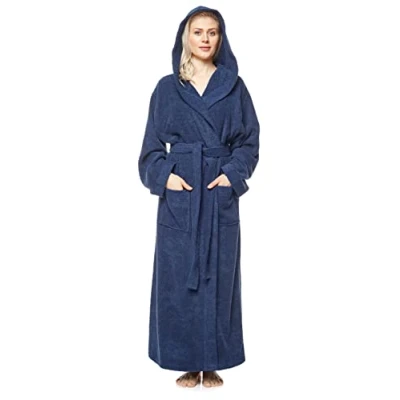 Image of Arus Women&#039;s bathrobe with hood, full length, 100% cotton terry, women`s size: XL long, unisex L Marine