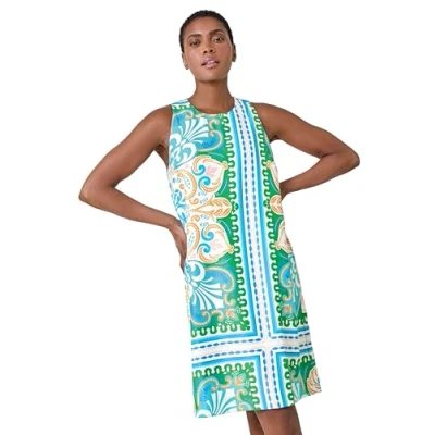 Image of Roman Originals Sleeveless Shift Dress for Women UK Ladies Stretchy Summer Holiday Cruise Beach Casual Going Out Garden Party Lightweight Round Neck Comfortable Day Green Multi Size 10