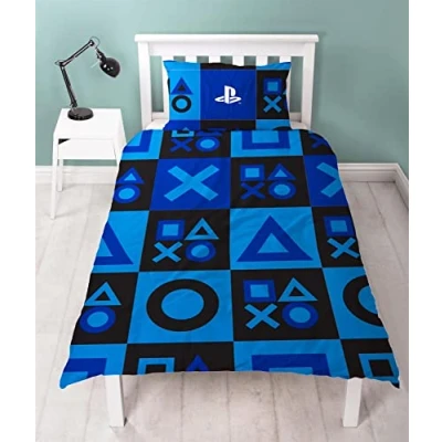 Image of Playstation Checks Single Duvet Cover Controller Icons Design Officially Licensed Reversible Bedding set with matching Pillowcase