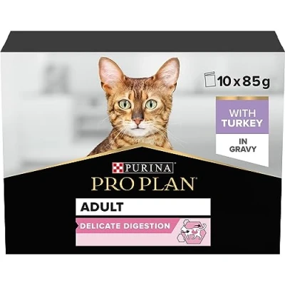 Image of PRO PLAN® Adult 1+ DELICATE DIGESTION with Turkey in Gravy Wet Cat Food Pouches 10x85g, Pack of 4