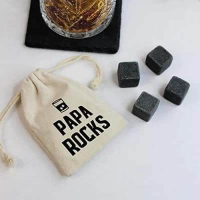 Image of eBuyGB Papa Rocks Whiskey Stones with Cotton Drawstring Bag &amp; 4 Soapstone Reusable Ice Cubes Father&#039;s Day, Birthday Gift for Him, Dad