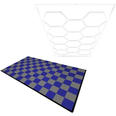 Image of MonsterShop Hexagon LED Light &amp; Vented Garage Floor Tiles with Edges 60 Grey Blue