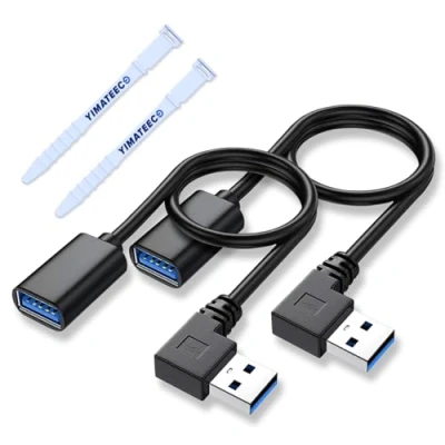 Image of YIMATEECO Right Angle USB3.0 Extension Cable, SuperSpeed USB Male to Female Extender, Cable with 90 Degree Adapter, Compatible Flash Drive (Left Angle, 30cm, 2pcs, Black)