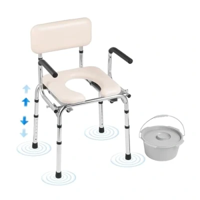 Image of VEVOR Commode Chair, Bedside with Padded Seat, Drop Down Arms, 7 Level Adjustable Height, 5.8L Removable Bucket, Easy to Assemble, 350LBS Capacity, Portable Toilet for Adults Seniors