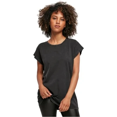 Image of Build Your Brand Women&#039;s Ladies Acid Washed Extended Shoulder Tee T Shirt, Black, XL