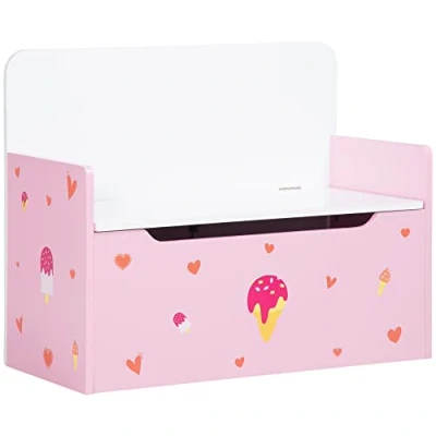 Image of ZONEKIZ 2 in 1 Wooden Toy Box, Kids Storage Bench, Chest with Safety Rod Pink
