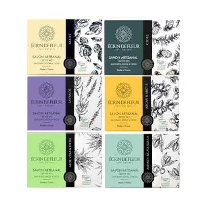 Image of Écrin de Fleur Organic Artisanal Soap 6 pack (Almond &amp; Calendula Soap, Argan Clay Aloe Vera Nettle Shea Butter Lavender Cedar Soap)