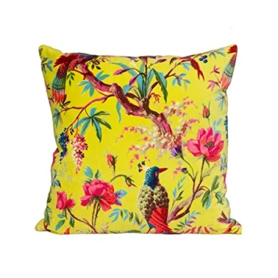 Image of Riva Paoletti Paradise Square Cushion Cover Acacia Yellow Colourful Bird Print Velvet Fabric Machine Washable 100% Cotton 50 x 50cm (20&quot; 20&quot; inches), Aracia