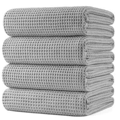 Image of POLYTE Microfibre Oversize Quick Dry Lint Free Bath Towel, 152 x 76 cm, 4 Pack (Light Grey, Waffle Weave)