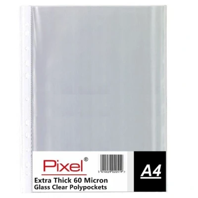 Image of Pixel® A4 60 Micron Glass Clear Transprent Strong Punched Polypockets Poly Pockets Plastic Wallet Sleeve (Pack of 100)