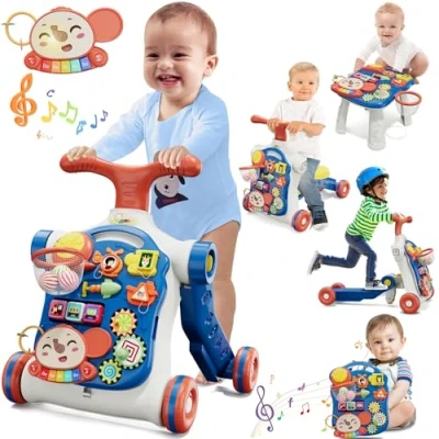 Image of HYES Baby Walker for Boy 5 in 1, Activity Center Learning to Walk, Sit Stand, Early Push Toys Infant, Walkers with Music Toddlers, Blue