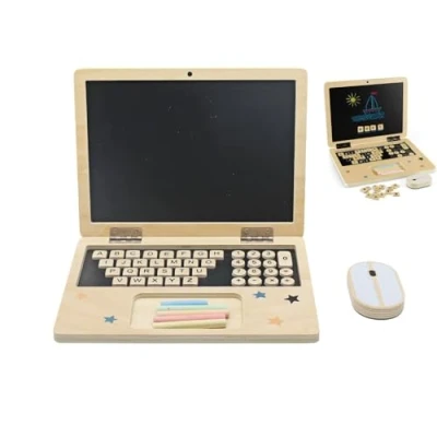 Image of HYGRAD Kids Wooden Laptop And Chalkboard Magnetic Pretend Play Set Early Development Computer