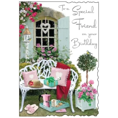 Image of Jonny Javelin Special Friend Birthday Card Happy with Floral Garden Bench Design Embossed Foil Details for Women