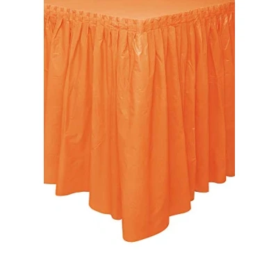 Image of Solid Orange Plastic Rectangular Table Skirt (73cm x 4 meters) 1 Count Easy Assembly and Reusable, Elegant &amp; Versatile Party Decor