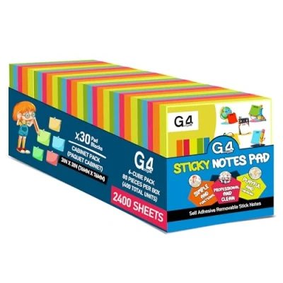 Image of G4GADGET Sticky Notes, Double The Sticking Power, 30 Pads, 2400 Sheets, 76mm x 76mm, Bright Colors Super Adhesive Self Stick Notes for Home, Office &amp; School