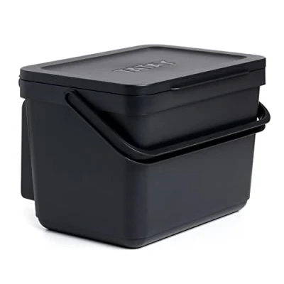 Image of TATAY Kitchen Food Waste Compost Caddy Bin with Holder, 6L Capacity, Polypropylene, Made from 100% Recycled Materials, Black Colour. Measures 26,5 x 20,5 18,5 cm (1105615)