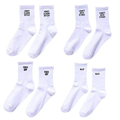 Image of Maijia 4 Pairs Novelty Funny Letter Print Cotton Socks F*** OFF Crew Women Mens Tube Unisex White Sock
