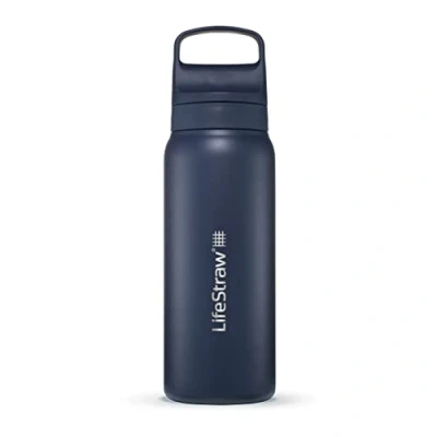 Image of LifeStraw Go Series — Insulated Stainless Steel Water Filter Bottle for Travel and Everyday Use Removes Bacteria, Parasites Microplastics, Improves Taste, 24oz Aegean Sea