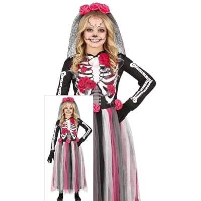 Image of FIESTAS GUIRCA Pink Day of the Dead Fancy Dress Costume Long and Headband with Flowers for Girls 5 6 Years