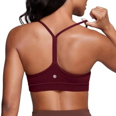 Image of CRZ Yoga Women&#039;s Butterluxe Padded Sports Bra Low Impact Y Back Strappy Racerback Spaghetti Straps Gym Bras Red Merlot S