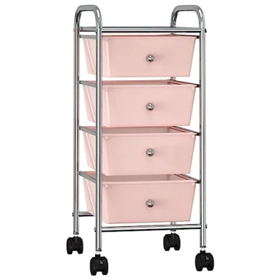 Image of vidaXL 4 Drawer Mobile Storage Trolley for Office and Cosmetic Pink Plastic with Chromed Frame
