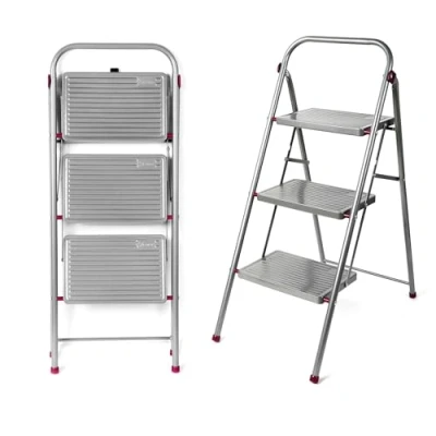 Image of Kleeneze KL068514EU 3 Step Folding Stepladder Large Stool with Non Slip Feet, Collapsible for Compact Storage, Strong Steel Structure, Safety Clip, 150kg Weight Capacity, 105cm High, Pink/Grey