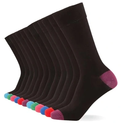 Image of FM London 12 Pack Unisex Super Soft Calf Socks Mens &amp; Womens with Breathable, Odour Resistant Design Stretch Fit Black Cotton Coloured Toe and Heel Option