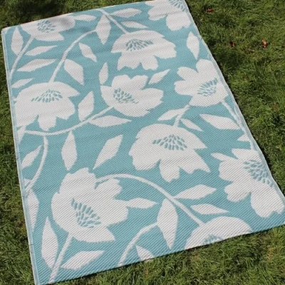 Image of Fusion Duck Egg Flower Outdoor (120 x 170cm) Light Botanical Print Picnic Blue Beach Blanket Floral Balcony/Patio Rug/Mat Luna Collection, 100% Polypropylene