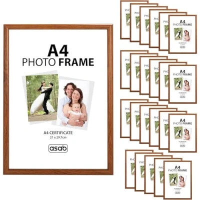 Image of ASAB Pack of 24 A4 Frame Wall Hanging Hooks Flat Classic Design Picture with Quick Photo Insertion Clear Acrylic Display for Table Top Home and Office (Light Brown)