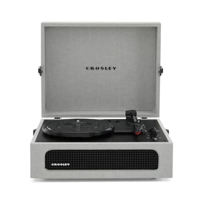 Image of Crosley Voyager Portable Turntable Bluetooth Record Player, 3 Speed Suitcase Vinyl Home Turntables for Records, Built in Stereo Speakers &amp; Receiver, AUX Input, Grey