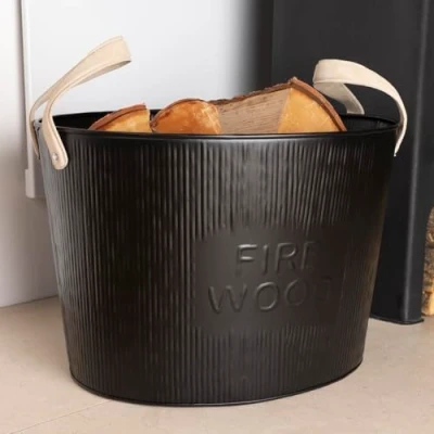 Image of Charles Bentley Snug Spruce Large Leather Handled Fireside Wood Bucket Iron Classic Style Black Matte