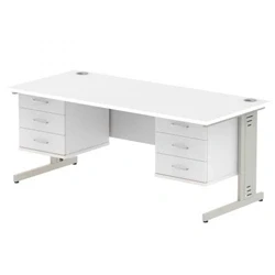 Image of Impulse 1800x800 Desk White Silver Cable Managed + 2x Fixed Pedestal