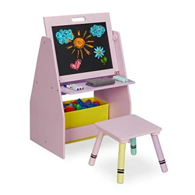 Image of Relaxdays Children&#039;s Furniture Set, Toy Shelf, 2 Compartments, Blackboard &amp; Fabric Box, Stool, HWD: 84x52x45 cm, Pink, Fibreboard