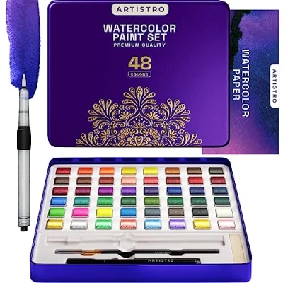 Image of ARTISTRO Watercolor Paint Set, 48 Vivid Colors in Tin Box, Including Metallic and Fluorescent Colors. Paints Perfect for Adults Kids, Art Supplies Beginners Professional Artist