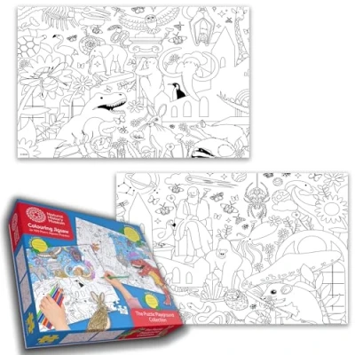 Image of Natural History Museum Colouring Jigsaw Set 2 x 100 Piece Puzzles with 6 Pencils Fun &amp; Educational Activity for Kids