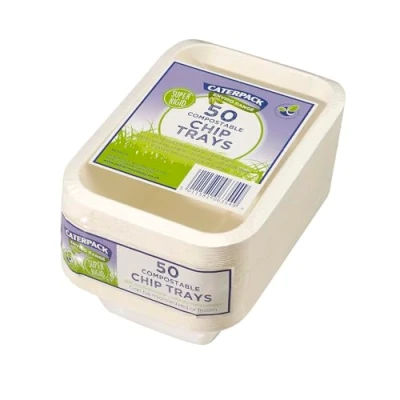 Image of Caterpack Enviro Range chip Trays 7 x 5 50 Pack. Disposable, Biodegradable Trays. Suitable for microwaving and Freezing, Water Repellent greaseproof