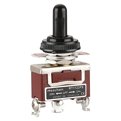 Image of Heschen Metal Toggle Switch, RT1122FS, SPDT, Momentary Type, (ON)/OFF/(ON) 3 position, 15A 250VAC, with Waterproof Cap, CE
