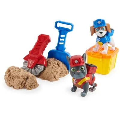 Image of Rubble &amp; Crew, Charger and Wheeler Action Figures Set, with 85.05g of Kinetic Build It Sand 2 Handheld Building Toys, Kids’ Toys for ages 3 up