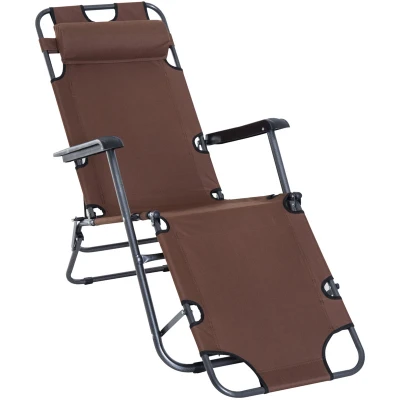 Image of Outsunny 2 in 1 Sun Lounger Folding Reclining Chair Garden Outdoor Camping Adjustable Back with Pillow, Brown