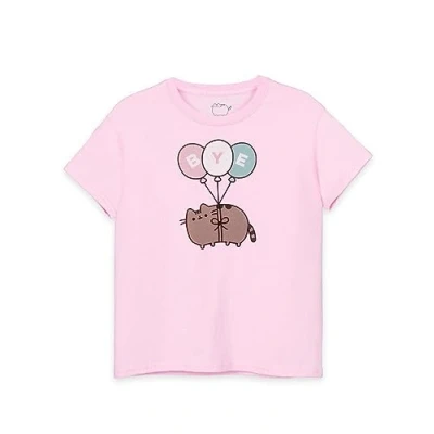Image of Pusheen Girls T Shirt in Pink Kids Bye Balloon Graphic Tee Short Sleeved Crew Neck Internet Cat Top Comfortable &amp; Stylish Cute Daywear Merchandise Gift for Children Teens