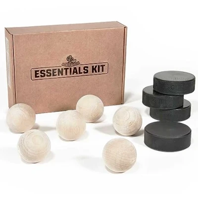 Image of Hockey Revolution Essentials Kit Wooden Swedish Stickhandling Balls with Pucks and Strong plastic Puck Training Equipment Floor Dribbling Skills, Dekes &amp; Ball Handling Drills