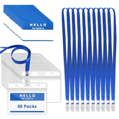 Image of Gimars 50 Packs Blue Waterproof Name Badge Holders with Lanyards and Nameplates, Clear Conference Work Pass ID Card for Business, Office School