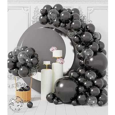 Image of Metallic Black Balloon Arch Kit: 100 Pcs Party Balloons Garland Kit Different Sizes with Confetti Latex Ribbons DIY for Birthday Graduation Bachelor Halloween Decoration