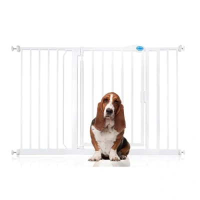 Image of Bettacare Auto Close Pet Gate, 125.4cm 132.4cm, White, Pressure Fit Stair Gate for Dog &amp; Puppy, Safety Barrier Doors Hallways and Spaces, Easy Installation