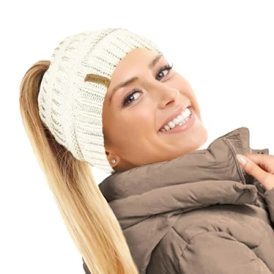 Image of TOSKATOK Ladies Thermal Teddy Fleece Lined Ponytail Beanie Hat Cream