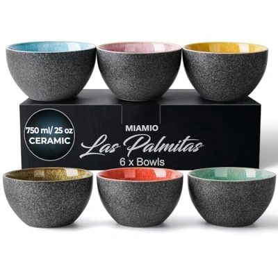 Image of MIAMIO 750 ml, Bowls Set of 6, Ceramic Bowl, Salad Bowls, Soup Cereal Kitchen Rice Microwave, Dishwasher and Oven Safe Las Palmitas Collection