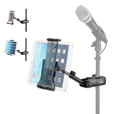 Image of Tablet Holder for Microphone Stand, Moukey Mic Music Stand Phone Compatible with iPad, iPad Pro, Mini, All 4.7 12.9 Inches Smartphones